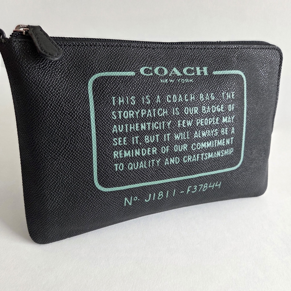 Coach Black Zippered Pouch With Large Teal Story Patch & Wrist Strap W/Snap - Picture 9 of 16